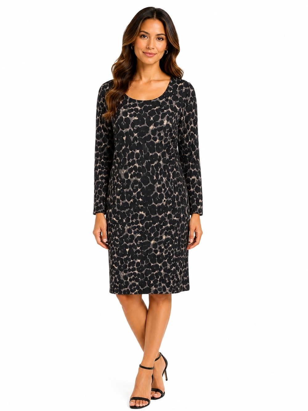 Old Navy Black and Taupe Animal-Print Long-Sleeve Scoop Neck Dress